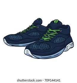 Vector Cartoon Blue Running Shoes on White Background