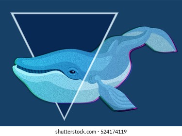 Vector cartoon blue whale with pseudo chromatic aberration poster