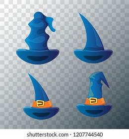 vector cartoon blue witch hat set isolated on transparent background. halloween vintage blue hat icon collection