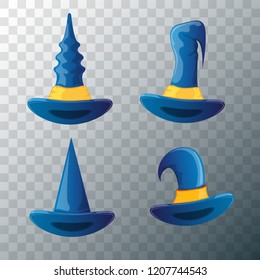 vector cartoon blue witch hat set isolated on transparent background. halloween vintage blue hat icon collection