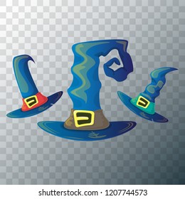 vector cartoon blue witch hat set isolated on transparent background. halloween vintage blue hat icon collection
