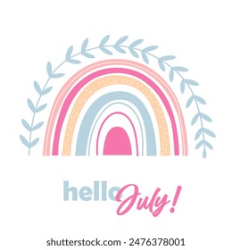 Vector de dibujos animados boho arco iris con letras Hola julio.