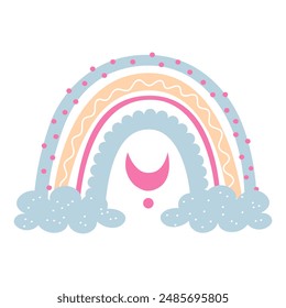 Vector de dibujos animados boho arco iris en colores rosas aislado sobre fondo blanco.	