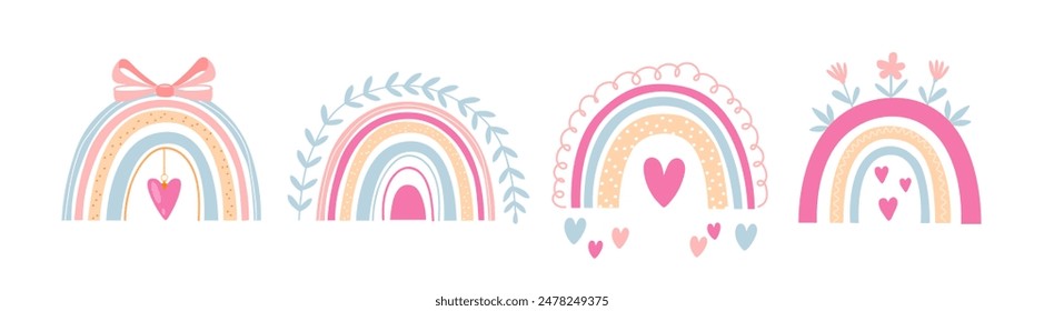 colección de arco iris boho de dibujos animados de Vector en colores rosados aislados sobre fondo blanco.	