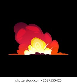 Vector cartoon bomb explosion with smoke, flame and sparks, on black and isolated background. Explosive energy. Destruction concept. Game interface. Flat style illustration.