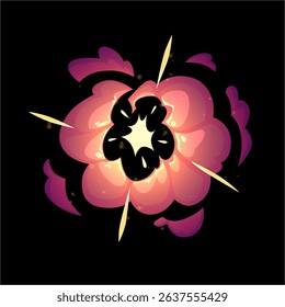Vector cartoon bomb explosion with smoke, flame and sparks, on black and isolated background. Dangerous explosive energy. Destruction concept. Game interface. Flat style illustration.