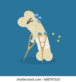 vector cartoon bone have bandage and crutch with pain effect.