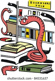 Vector cartoon of bookworms reading in library