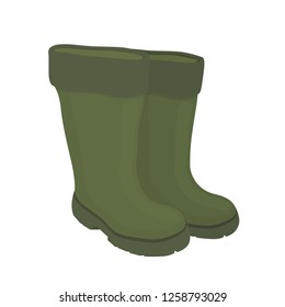 Vector cartoon boots for fishing, hunting. Rubber waterproof footwear for autumn, spring. Fisher waders, hunter wellingtons. Protective gumboot isolated on white background.