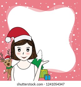 vector cartoon border have beauty santa claus , deer and christmas tree on pink background. have space for copy text