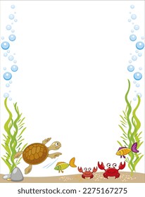 vector cartoon border, illustration of the underwater world with crabs, fishes, sandy bottom, rocks, algae, bubbles white background