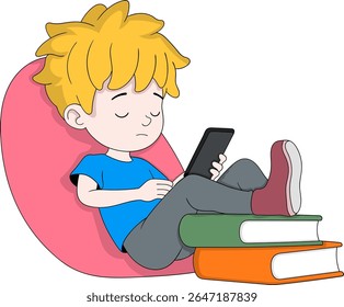 Caricatura vetorial de um estudante entediado sentado em um saco de feijão, usando um smartphone e ignorando livros de estudo