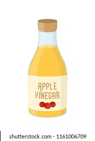 Vector cartoon bottle of apple vinegar, yellow condiment of kitchen. Sour acid in glass, natural yellow liquid.