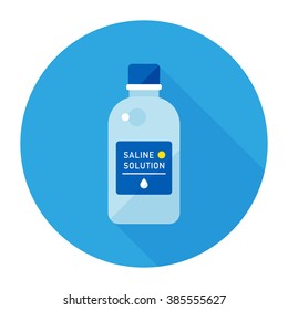 botella vectorial de solución salina multiuso / estilo plano, plantilla de icono, círculo, diseño adhesivo de embalaje / azul sobre blanco