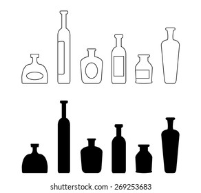 Vector cartoon bottle set silhouette black color isolated
