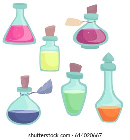 Vector cartoon bottles with poison in different colors and shapes isolated on white background