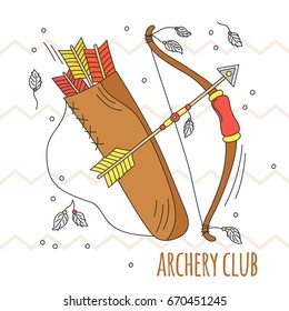 Vector cartoon bow and arrows. Archery club illustration. Kid summer play. Traditional game. Indian culture. Hand drawn background