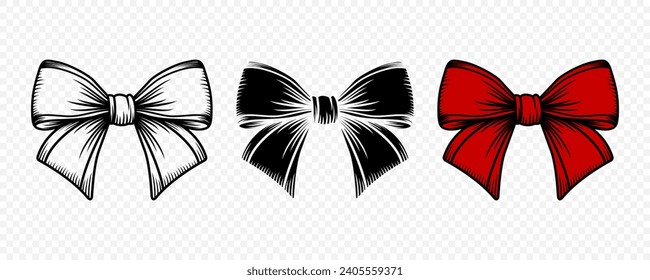 Vector Cartoon Bow Tie or Gift Bow, Cut Out and with Outline Icon Set Isolated. Bow Design Template