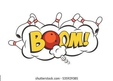 Vector Cartoon Bowling Strike Illustration. Moving Red Bowling Ball And Skittles.