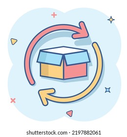 Vector cartoon box package return icon in comic style. Delivery box with arrow concept illustration pictogram. Cargo shipping business splash effect concept.