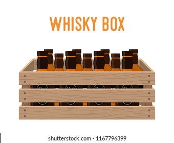 Vector cartoon box with whiskey bottles. Grocery basket with alcohol drink. Storehouse crate with strong beverage. Wooden container with products. Delivery, transportation package.