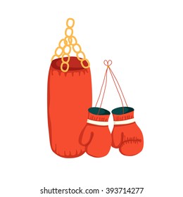 Vector cartoon boxing gloves and punching bag. Sport illustration with boxing object. Fight boxer isolated equipment: punching bag and boxing gloves. Thai box or kickboxing vector background