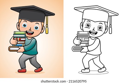 Vector cartoon of a boy carrying pile of books. Coloring book or page