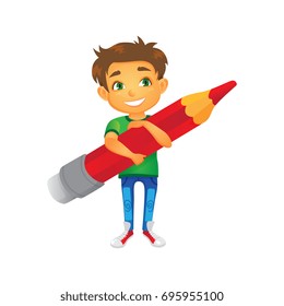 vector cartoon boy character keeps big pencil in hand smiling. Flat isolated illustration on a white background. Back to school concept