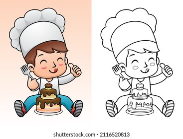 Vector cartoon of boy in chef costume holding fork for eating cake. Coloring book or page