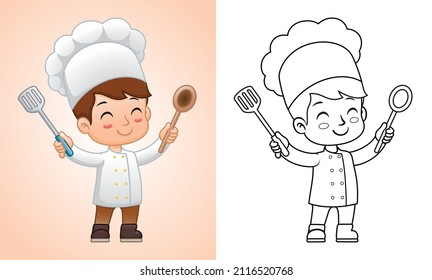 Vector cartoon of boy in chef uniform holding spoon and spatula. Coloring book or page