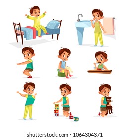 Vector cartoon boy daily routine activity set. Male character wake up, stretch, brushing teeth doing gymnastics, toilet, dressing up eat breakfast play cat, cube toys. Illustration kid life schedule