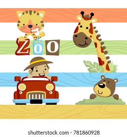 Vector cartoon of a boy driving car with cute animals on colorful striped background