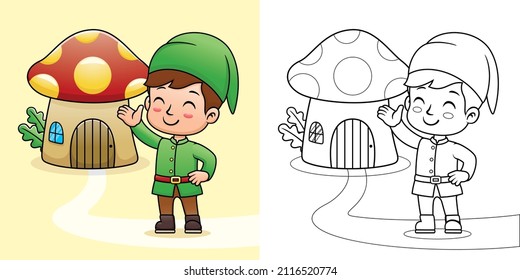 Vector cartoon of boy in elf costume with mushroom house. Coloring book or page