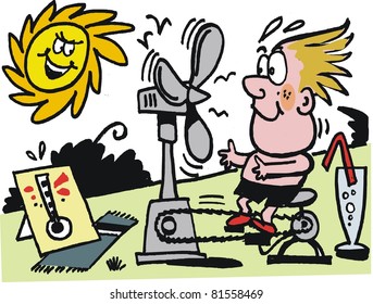 Vector cartoon of boy with fan in summer heatwave.