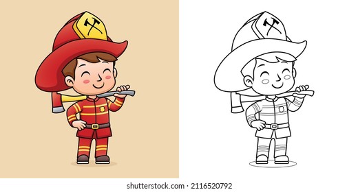 Vector cartoon of boy in firefighter uniform while holding axe. Coloring book or page