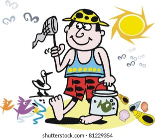 Vector cartoon of boy fishing with net on beach