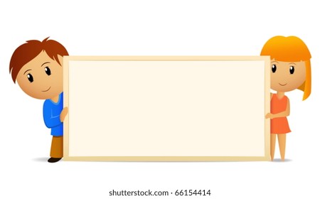 Vector cartoon boy and girl with blank empty billboard