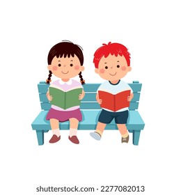 Vector cartoon boy and girl reading books on the bench