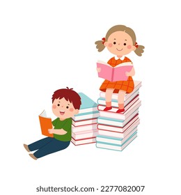 Vector cartoon boy and girl sitting on stack of books and reading books. Kids enjoying reading books