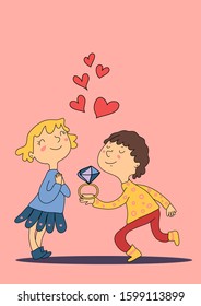 Vector cartoon boy gives a girl a ring. The concept of a marriage proposal of two lovers