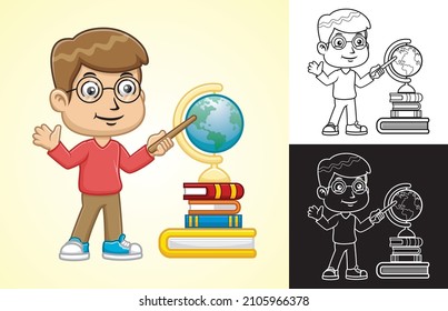 Vector cartoon of boy with globe and books