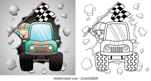 Vector cartoon of a boy holding finish flag on race truck. Coloring book or page