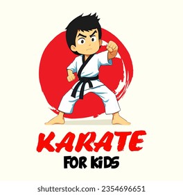 Vector Cartoon Boy in karate discipline. Martial arts school for childrens. Baby Karate logo. Strong kids concept.