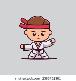 Vector Cartoon Boy in karate discipline. Martial arts Baby Karate logo. Strong kids concept.