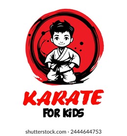 Vector Cartoon Boy in karate discipline. Martial arts school for childrens. Baby Karate logo. Strong kids concept.