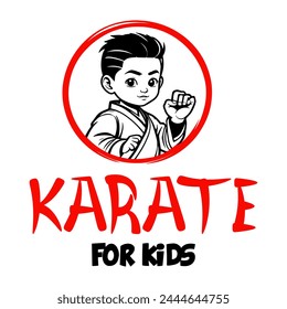 Vector Cartoon Boy in karate discipline. Martial arts school for childrens. Baby Karate logo. Strong kids concept.