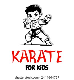 Vector Cartoon Boy in karate discipline. Martial arts school for childrens. Baby Karate logo. Strong kids concept.