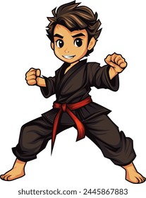 Vector Cartoon Boy en la disciplina de karate. Escuela de artes marciales para niños. Logo de Baby Karate.