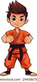 Vector Cartoon Boy in karate discipline. Martial arts school for childrens. Baby Karate logo.