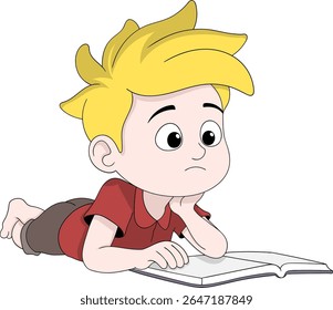 Caricatura vetorial de um menino deitado no chão com um livro aberto, parecendo entediado e desmotivado.